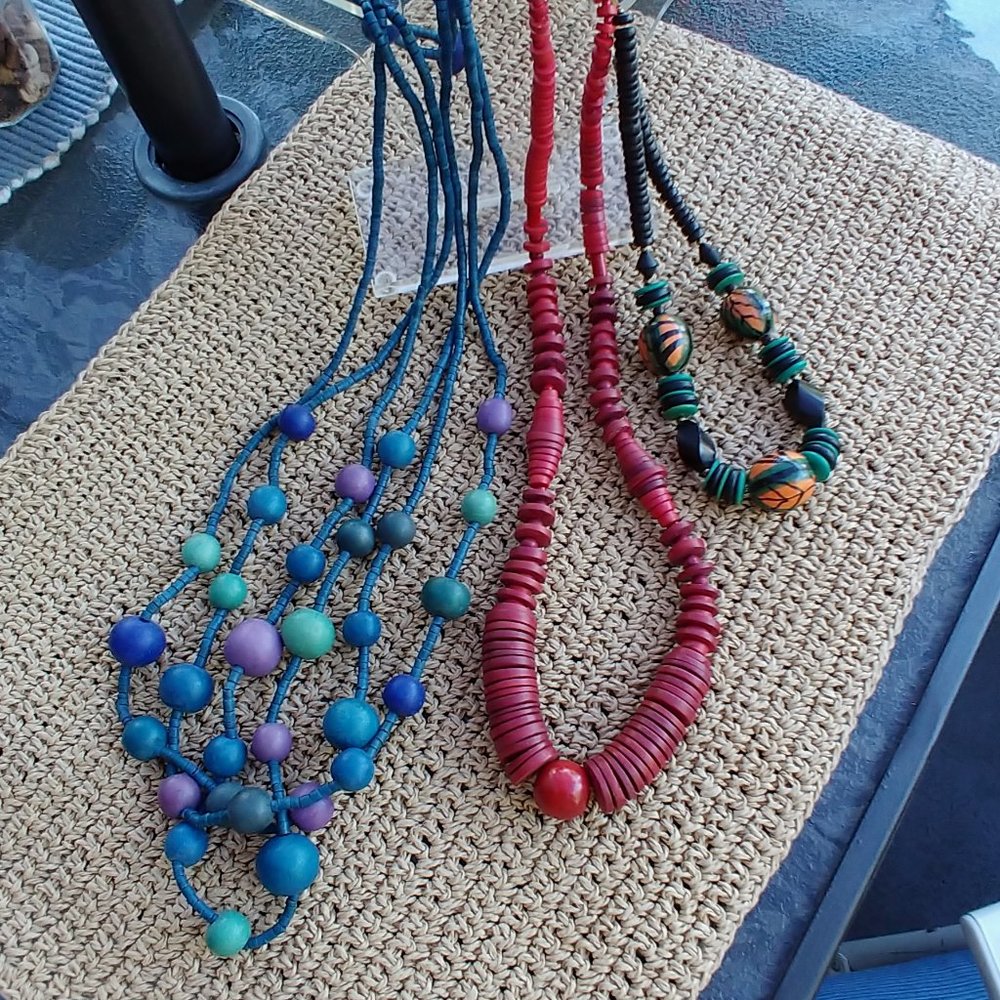 3 Wooden Beads Necklace set, long, med. and short